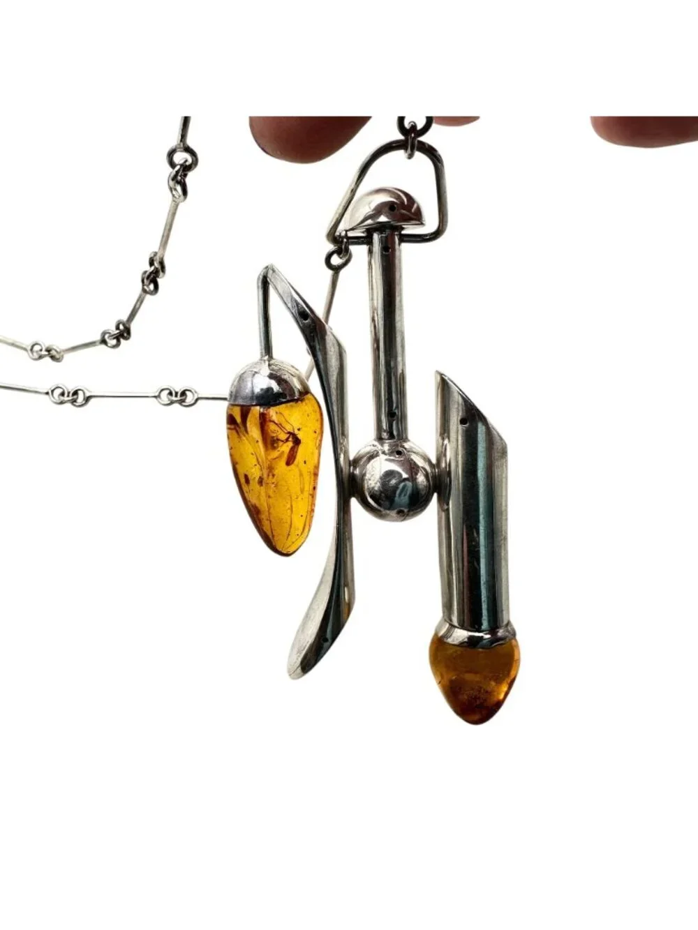 Unusual Rare Vintage Modernist Sterling Silver Amber Necklace 2 Bugs In Amber